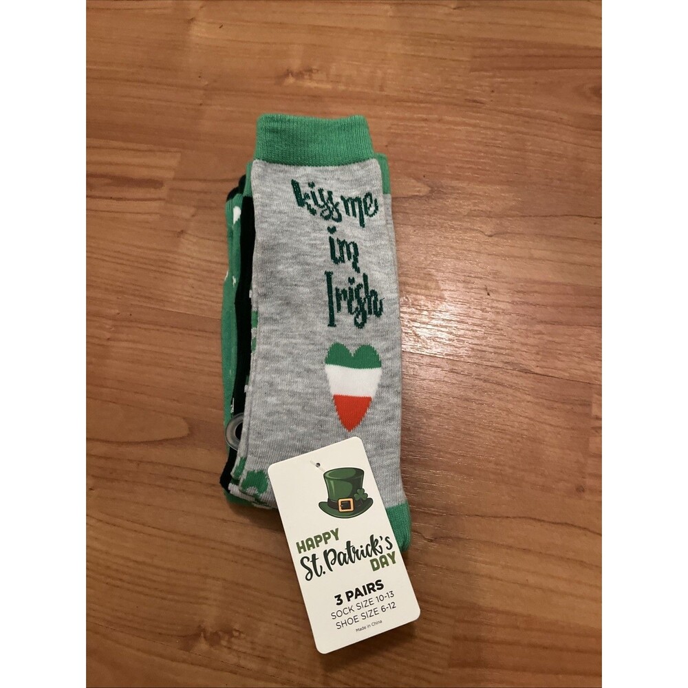 St. Patrick's Day "Kiss Me Im Irish" Socks 3 Pairs Shoe Size 6-12 & 10-13